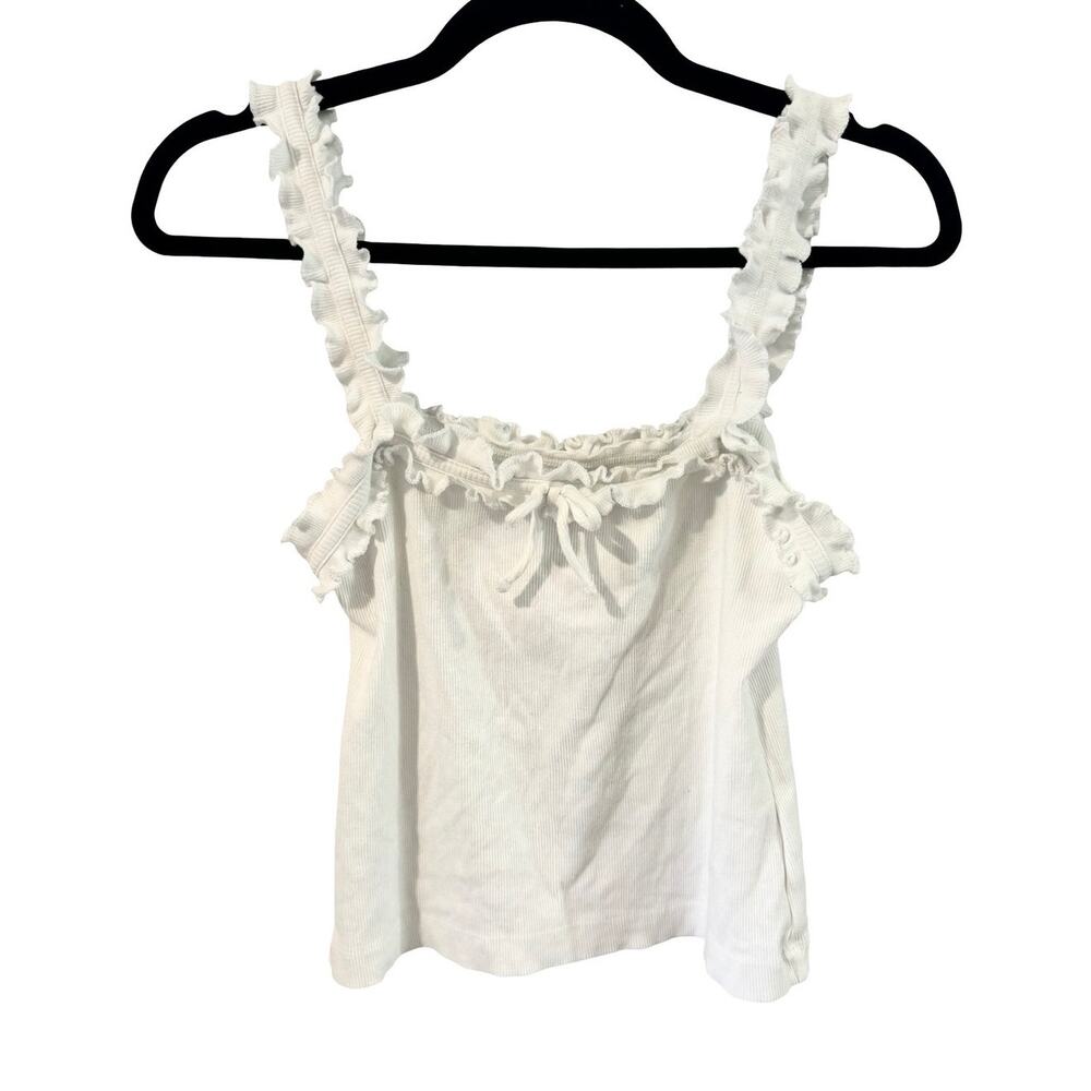 Maeve Anthropologie White Ribbed Ruffle Tank Top Size Small Cottagecore